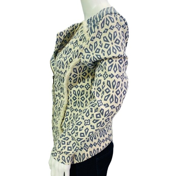 Lucky Brand Cotton Moto Zip Jacket Sweater Blue Ivory Print Fringe Womens Small - Picture 9 of 12